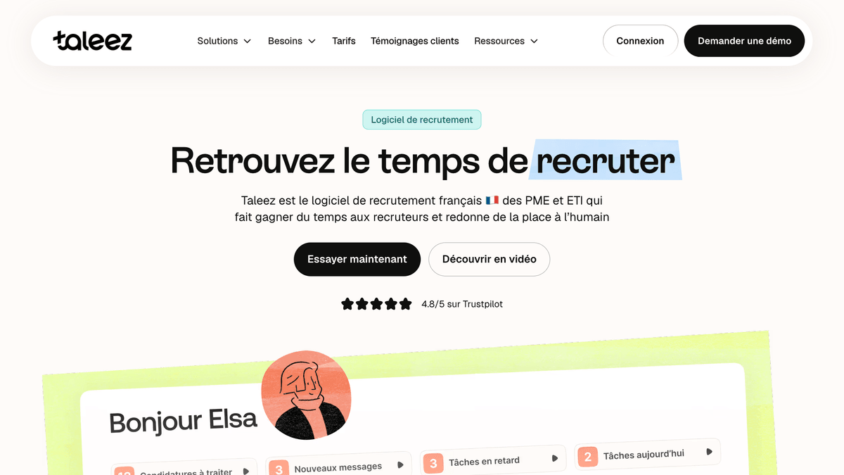 Page d'accueil du logiciel de recrutement Taleez