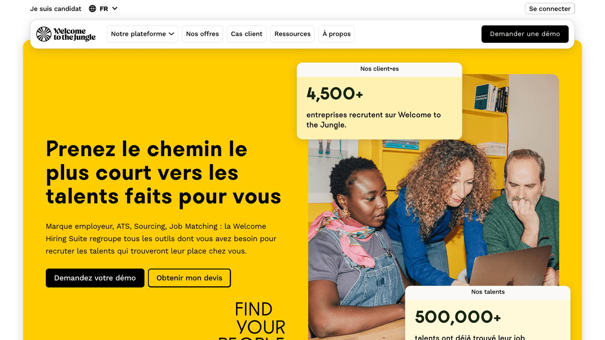 Page d'accueil du logiciel de recrutement Welcome to the Jungle