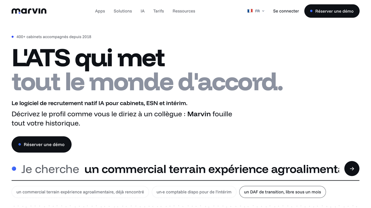 Page d'accueil du logiciel de recrutement Marvin Recruiter