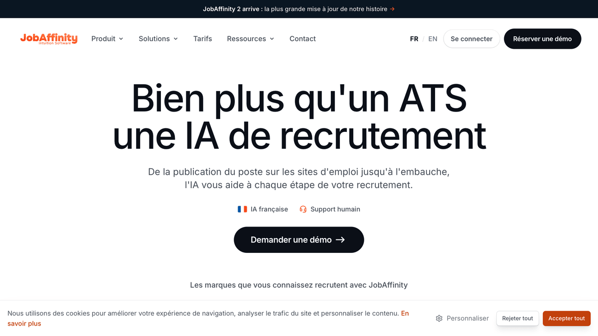 Page d'accueil du logiciel de recrutement Jobaffinity