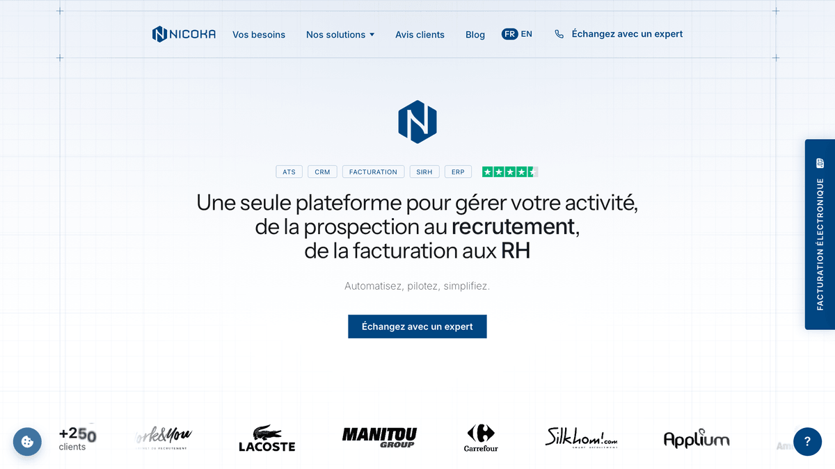 Page d'accueil du logiciel de recrutement Nicoka CABS