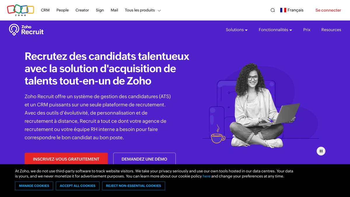 Page d'accueil du logiciel de recrutement Zoho Recruit