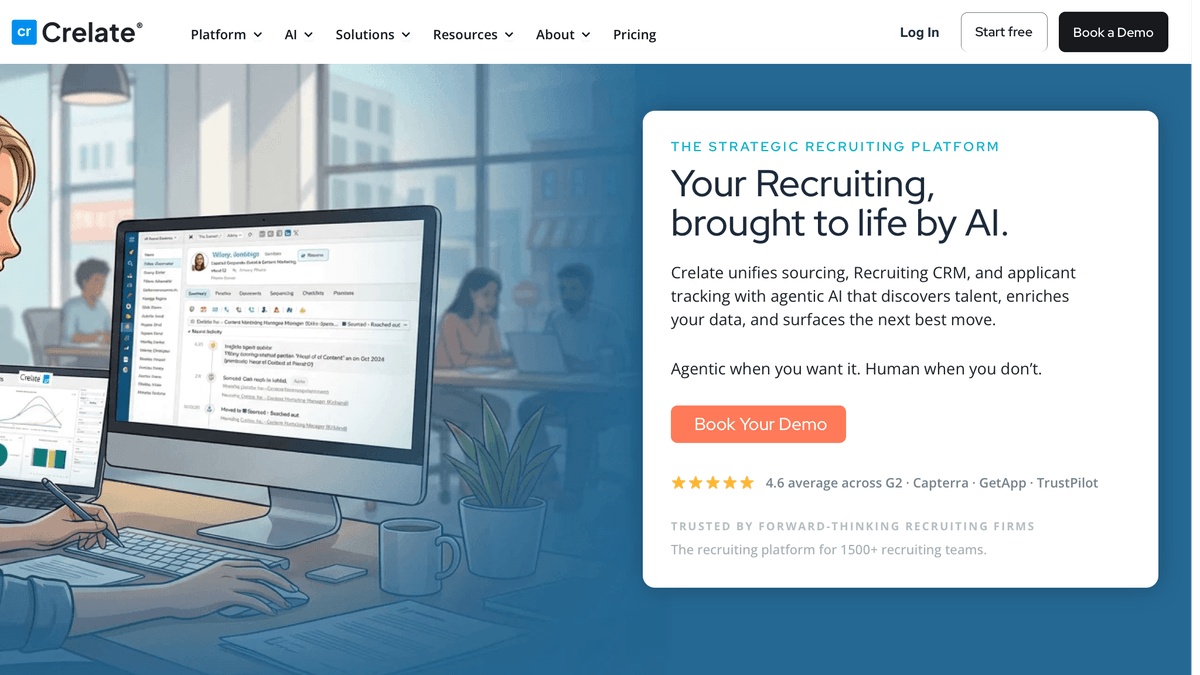 Page d'accueil du logiciel de recrutement Crelate