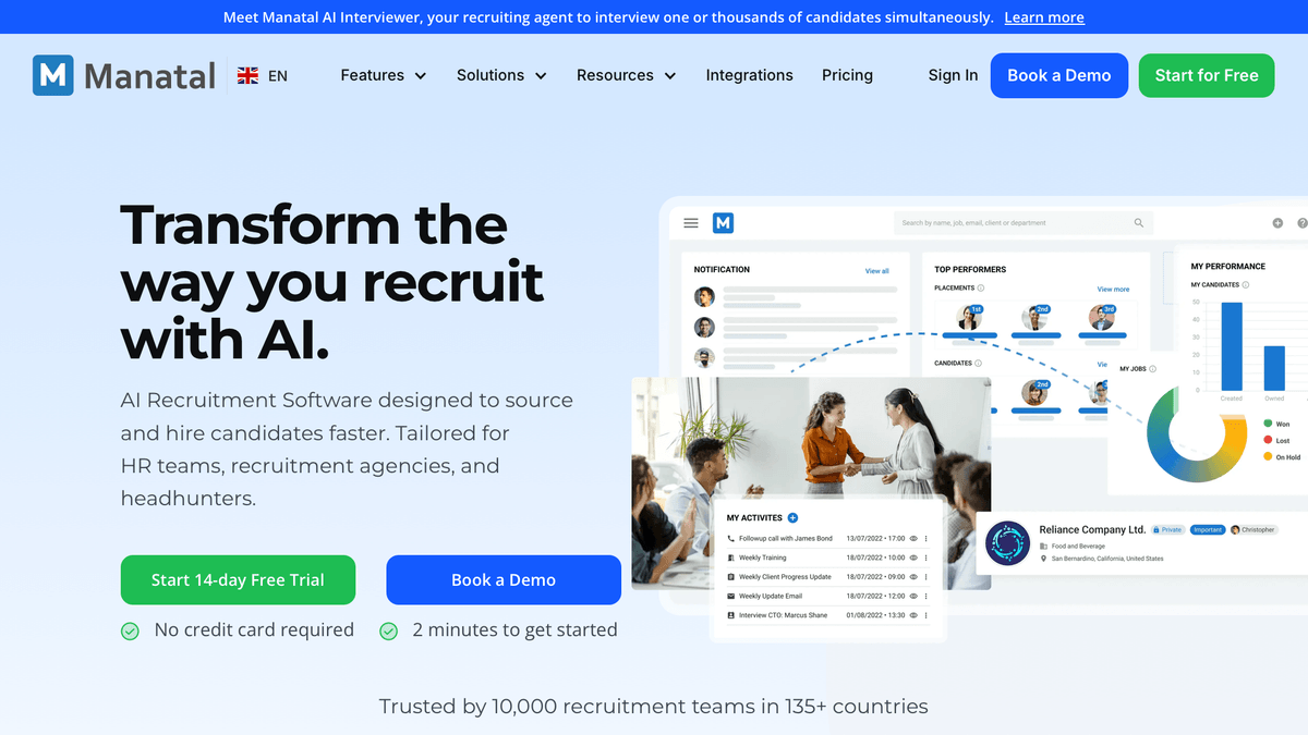 Page d'accueil du logiciel de recrutement Manatal