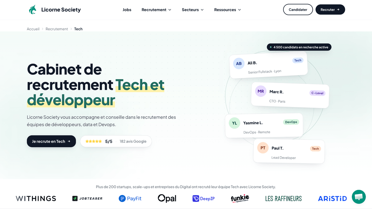 Site du cabinet de recrutement tech Licorne Society