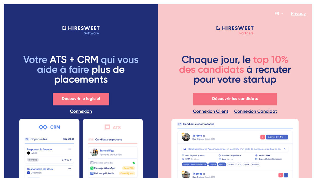Page d'accueil du logiciel de recrutement HireSweet